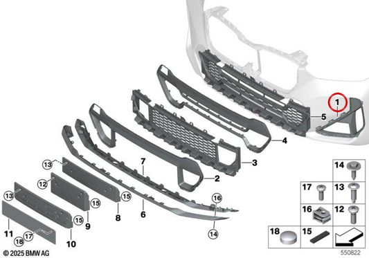 Grille d'entrée d'air droite pour BMW U11, U12 (OEM 51115A5AEF6). BMW d'origine.
