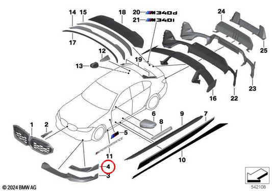 Winglet anteriore sinistro nero lucido OEM 51115B34B95 per BMW Serie 3 Touring G21 LCI 316d, 318d, 318i, 320d, 320d xDrive, 320e... e altri. Originale BMW.