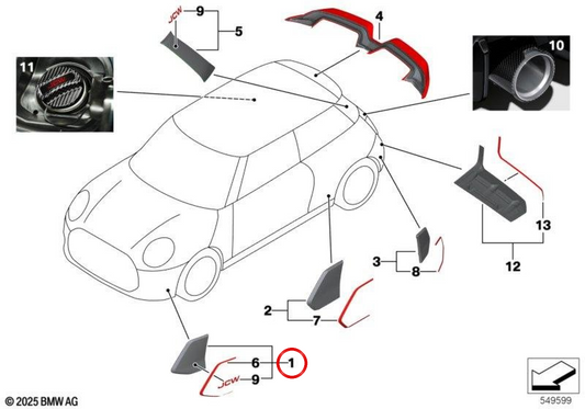 Vordere linke Aerodynamikflosse JCW Hochglanz Schwarz OEM 51115B3A2C5 für MINI F65, F66, Cabrio F67… und mehr. Original MINI.