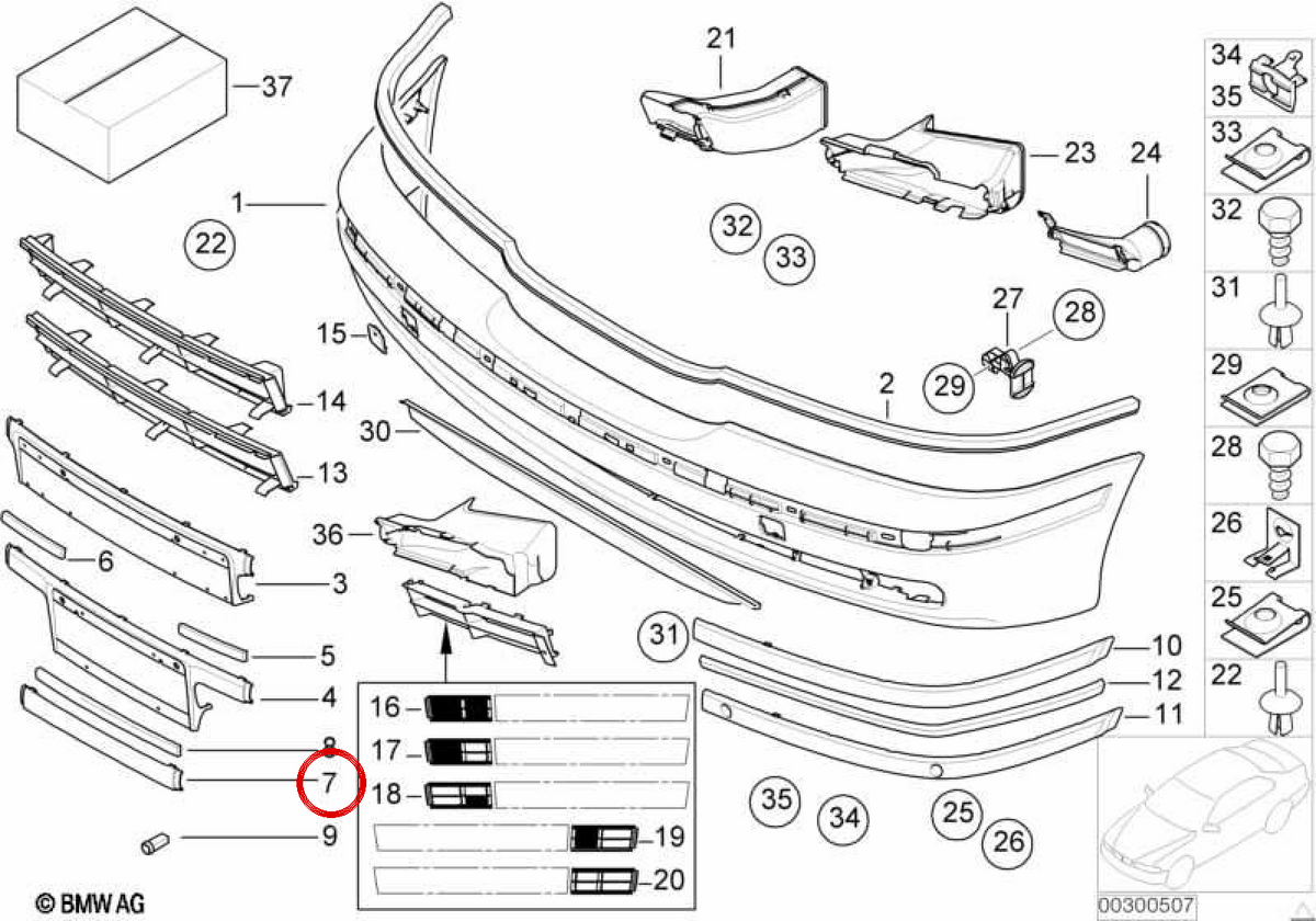 Moldura parachoques imprimada OEM 51117005985 para BMW E39. Original BMW.