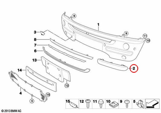 Listón parachoques delantero izquierdo OEM 51117112151 para MINI R50, R52, R53. Original MINI.