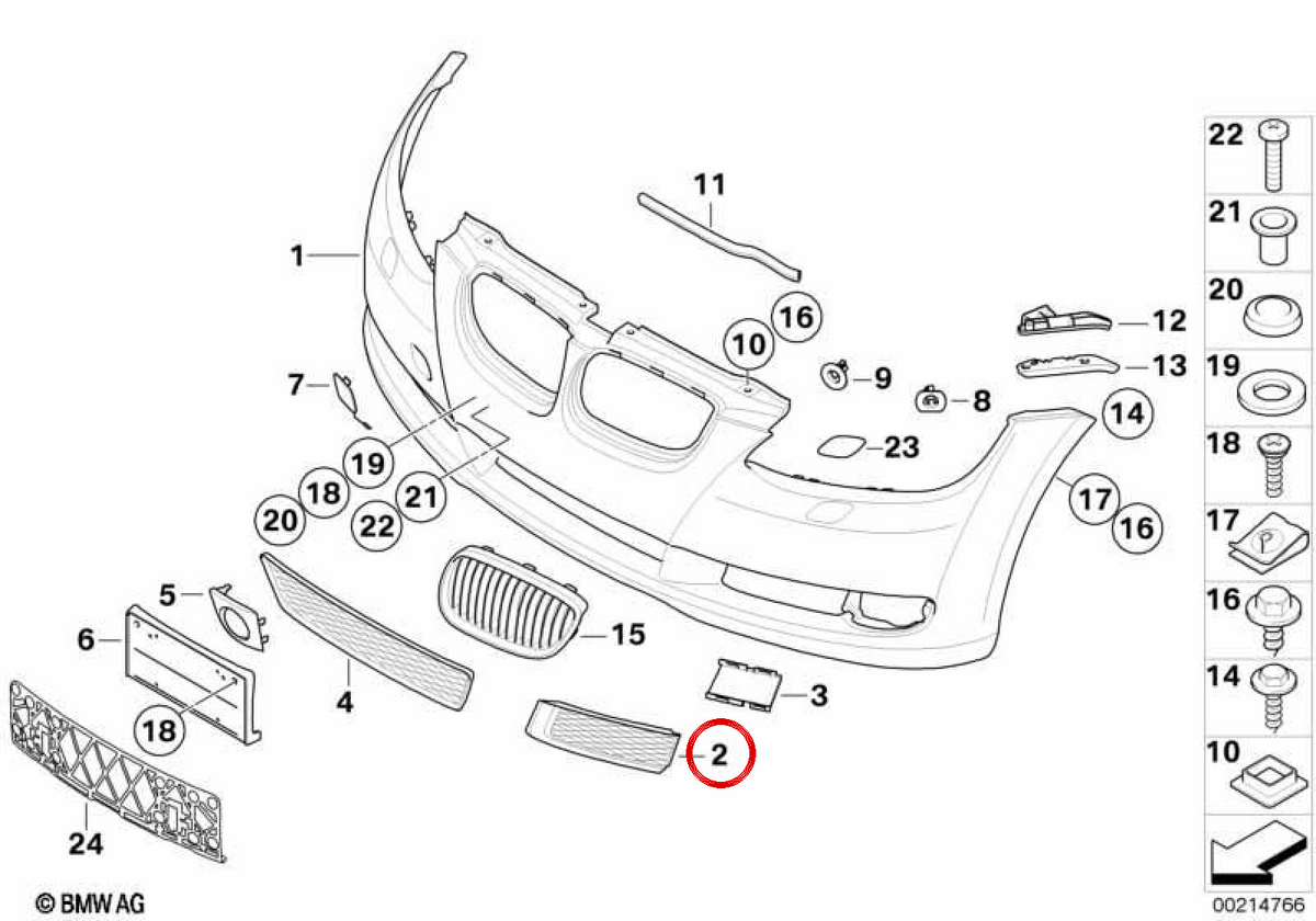 Griglia chiusa a destra 51117178992 per BMW E92, E93. BMW originale.