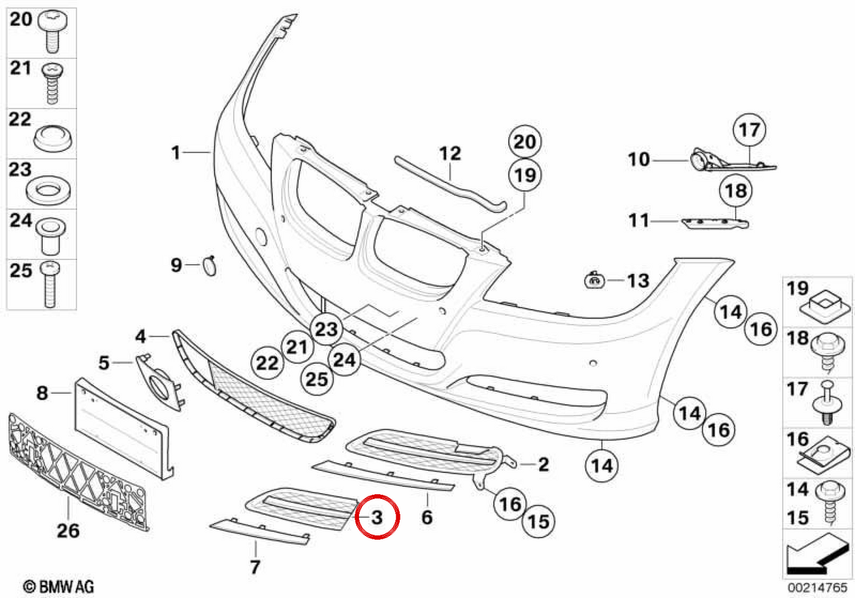Rejilla izquierda parcial para BMW E90, E91. Original BMW.
