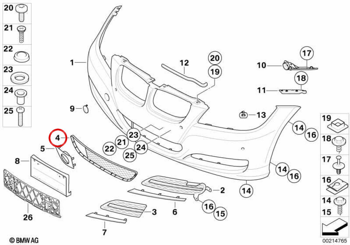 Grade central do pára-choque OEM 51117198905 para BMW E90 e E91. BMW genuíno.