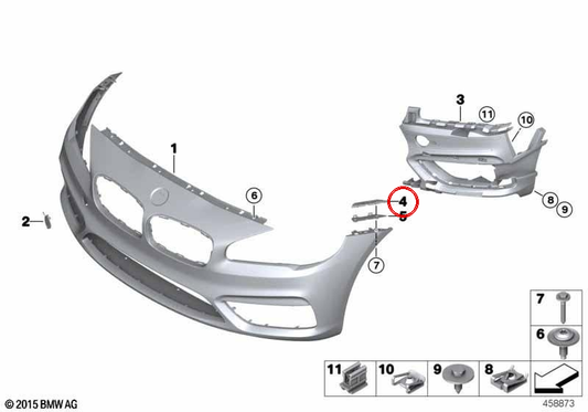 Soporte superior delantero izquierdo OEM 51117328679 para BMW Serie 2 F45, F45N, F46, F46N. Parte de la moldura delantera. Original BMW.