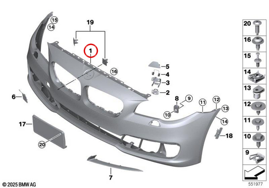 Paragolpes delantero imprimado OEM 51117332678 para BMW F10, F11, F18. Original BMW.