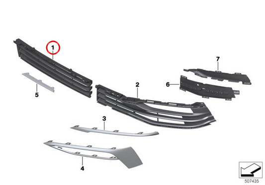 Rejilla de entrada de aire central OEM 51117385258 para BMW G30, G31, G38. Original BMW.