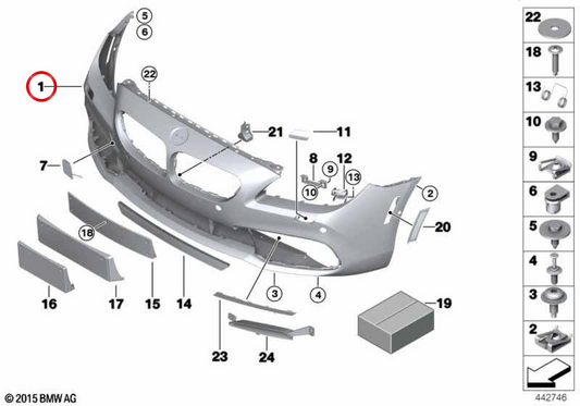 Paragolpes delantero imprimado OEM 51117395715 para BMW F06, F12, F13. Original BMW.