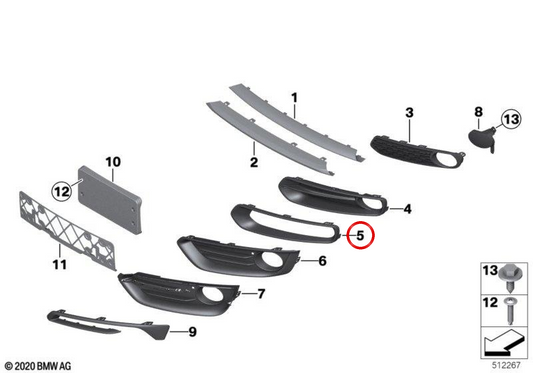 Rejilla de entrada de aire derecha OEM 51117403872 para BMW F22, F23. Original BMW.
