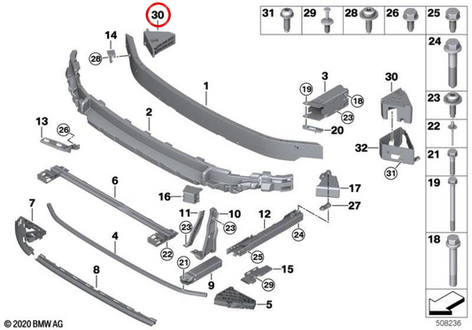 Suporte lateral do pára-choque OEM 51117414353 para BMW F48, F39, F60. BMW genuíno.