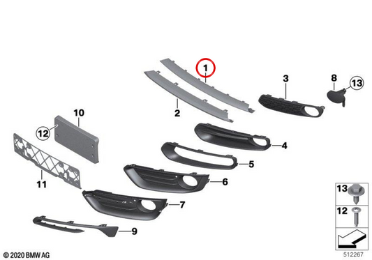 Tira embellecedora central OEM 51117452296 para BMW F22 y F23. Compatible con modelos 218d y 218i fabricados entre 2017 y 2021. Pieza original BMW.