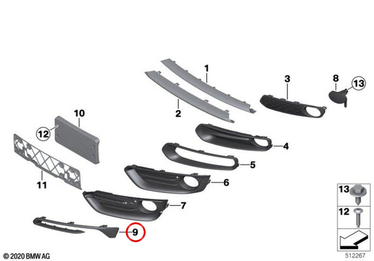 Rejilla embellecedora derecha OEM 51117452306 para BMW F22, F23. Original BMW.