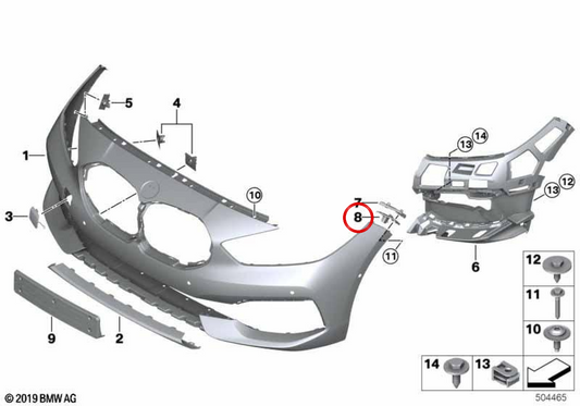 Suporte guia do para-choque dianteiro esquerdo OEM 51117459731 para BMW F40. BMW genuíno.