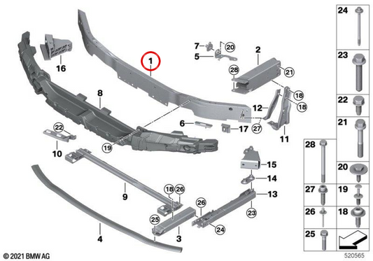 Suporte superior do pára-choque dianteiro OEM 51117459883 para BMW F40, F44. BMW genuíno.