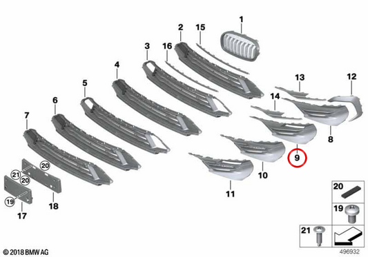 GRID LATURA DESTRA OEM 51117460186 per BMW F45, F46. BMW originale.