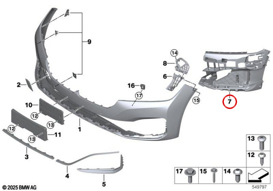 Support latéral pare-chocs OEM avant droit 51117475186 pour BMW G11, G12. BMW d'origine.