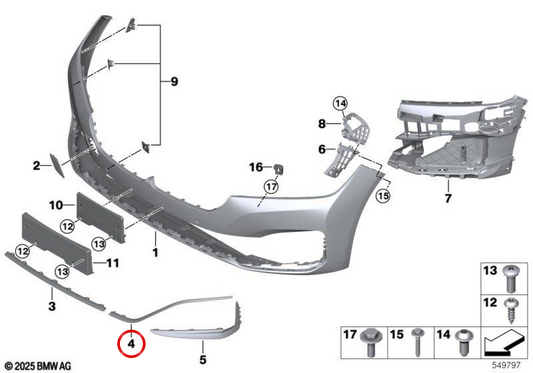 Embelling Embels Chaumper OEM avant droit 51117475224 pour BMW G11, G12. BMW d'origine.