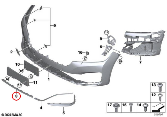 Moldagem central do pára-choque dianteiro OEM 51117478683 para BMW G11 e G12 (730d, 730d xDrive, 730i) 2019-2022. BMW genuíno.
