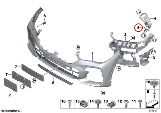 Supporto per paraurti anteriori in basso a sinistra OEM 51117478845 per BMW G06, F96. BMW originale.