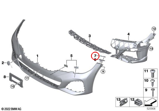 Soporte guía parachoques delantero izquierdo OEM 51117499831 para BMW G20, G28. Original BMW.