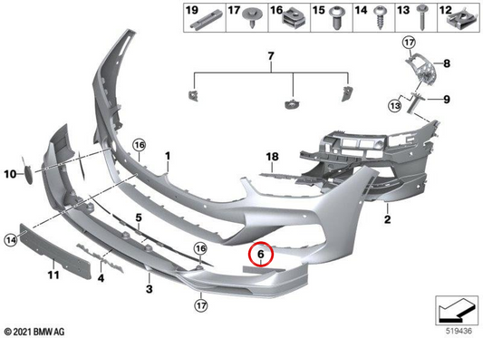 Linksluftaufnahme für den vorderen Stoßfänger OEM 51117858035 für BMW G16. Original BMW.