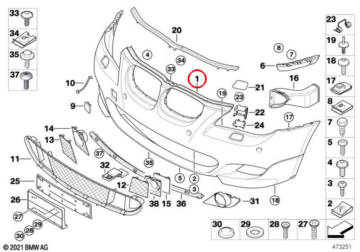 OEM printed front bumper 51117897208 for BMW E60, E61. Original BMW.