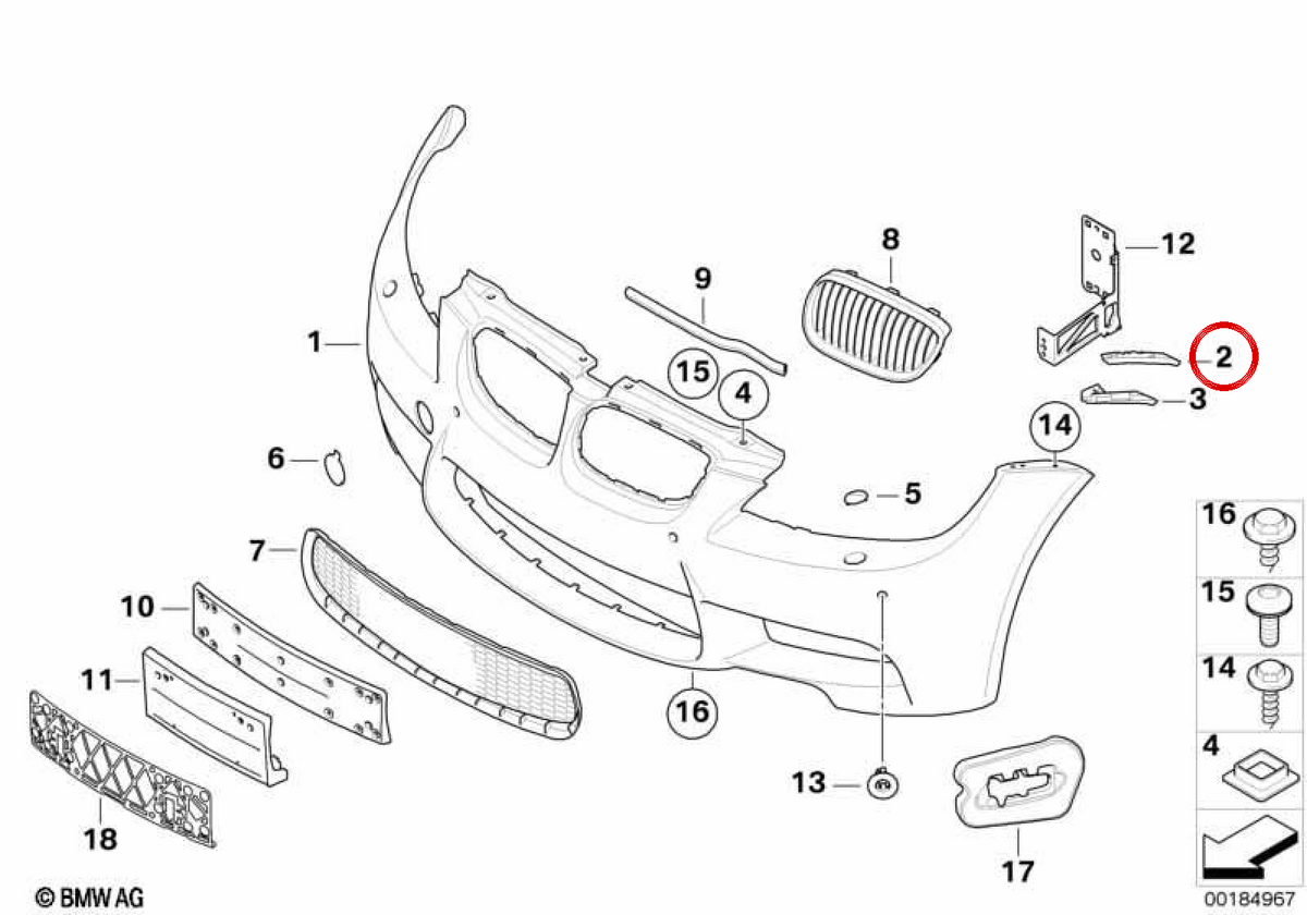 Embellose Bumper left front OEM 51117907205 for BMW E90, E92, E93. Original BMW.