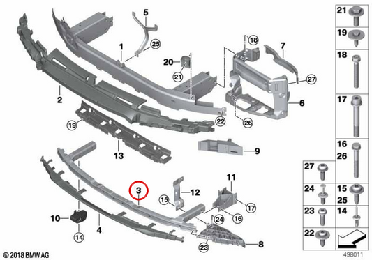 Supporto inferiore del paraurti anteriore OEM 51118067043 per BMW G11, G12. BMW originale.