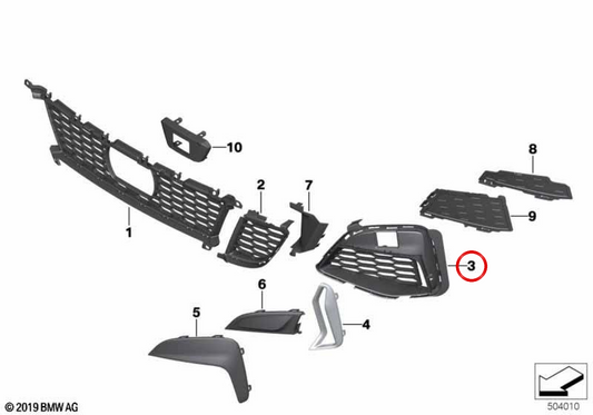 Grille d'entrée d'air droit 51118069372 pour BMW G20, G21. BMW d'origine.
