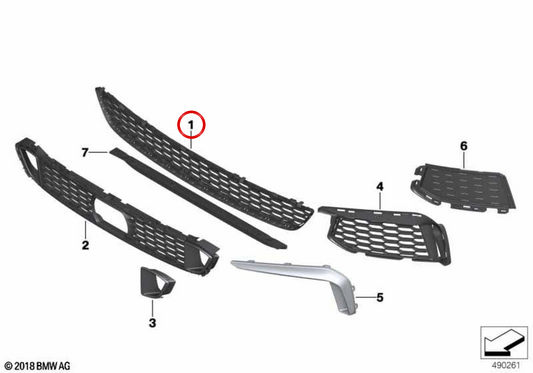 Rejilla de entrada de aire central OEM 51118072979 para BMW F90. Original BMW.