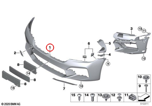 Bumper frontale da stampa OEM 51118081776 per BMW F90N M5 con sensori PMA/PMA. Sostituzione BMW originale.
