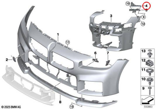 Soporte guía del parachoques delantero izquierdo OEM 51118082161 para BMW G87. Original BMW.