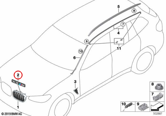 Emblema rejilla frontal izquierda OEM 51118082585 para BMW F97. Original BMW.