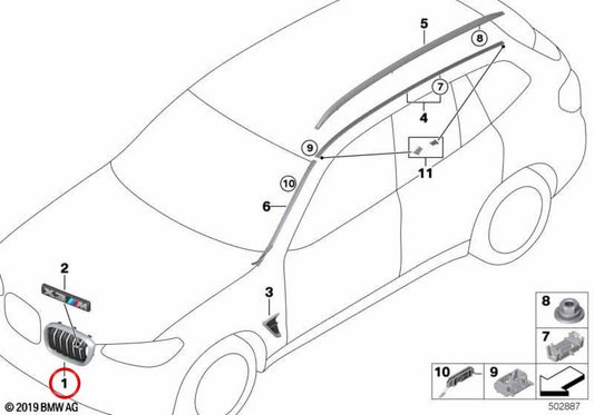 Rejilla decorativa frontal derecha OEM 51118098092 para BMW F98. Original BMW.