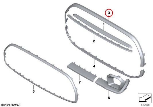 Cadre de calandre décoratif extérieur supérieur OEM 51119450550 pour MINI F56 LCI, F56 BEV LCI, F55 LCI, Cabrio F57 LCI. MINI d'origine.