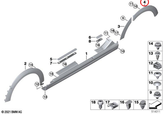 Panneau de passage de roue arrière gauche OEM 51119450675 pour MINI F55, F56, F57... et plus. MINI d'origine.
