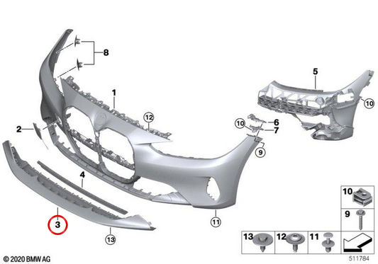 Tampa inferior do para-choque dianteiro OEM 51119853385 para BMW G22, G23. BMW genuíno.