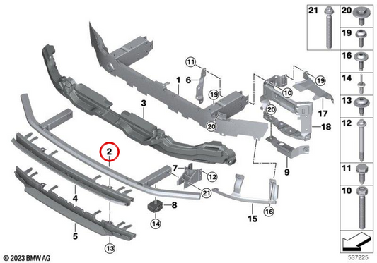 Supporto inferiore del paraurti anteriore OEM 51119883890 per BMW G60, G61, G68. BMW originale.
