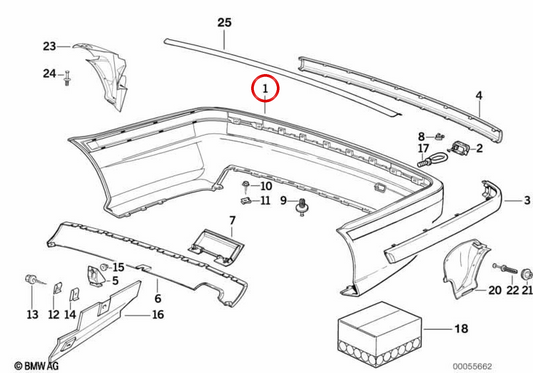 Moldagem do pára-choque traseiro OEM 51121977908 para BMW E36 (316i, 318i, 318is, 320i, 323i, 325i, 328i, M3). BMW genuíno.