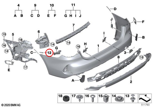 Protector adhesivo para parachoques trasero izquierdo OEM 51125A02651 para BMW G22, G23. Original BMW.