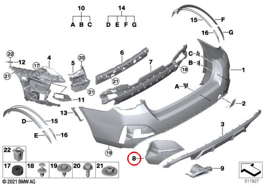 Moldura parachoques trasero izquierdo OEM 51125A1F365 para BMW Serie 4 G26, i4 G26... y más. Original BMW.