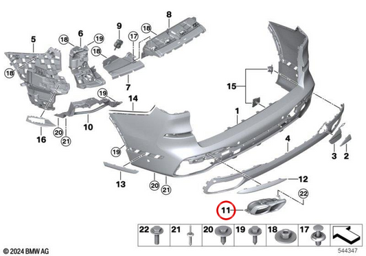 Embellecedor derecho del sistema de escape OEM 51125A1FA16 para BMW G05, G06, G07. Original BMW.