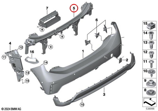 Guida paraurti posteriore centrale OEM 51125A2F828 per MINI F56 Cooper, Cooper S, JCW... e altro ancora. MINI originale.