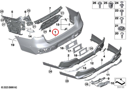 OM 51125A3DA93 rear bumper for BMW G70. Original BMW.