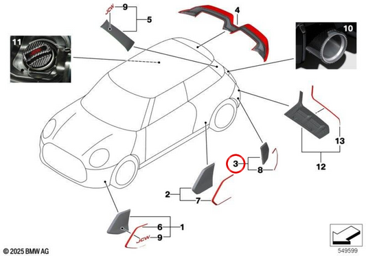 Winglet (aletta) posteriore destro JCW nero lucido OEM 51125B3A374 per MINI F66 Cooper C, Cooper S, JCW (10/2022-03/2025). Originale MINI.