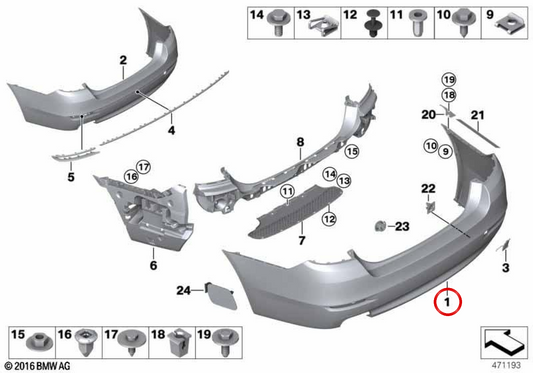 Pára-choques traseiro preparado OEM 51127332764 para BMW F10, F18. BMW genuíno.