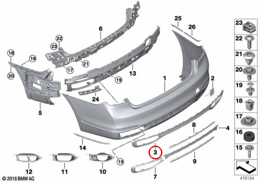 Moldura trasera imprimada OEM 51127425073 para BMW G11, G12. Original BMW.