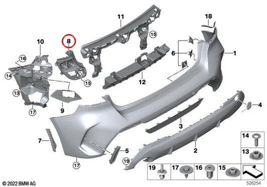 Soporte de parachoques trasero izquierdo OEM 51127461397 para BMW F40. Original BMW.