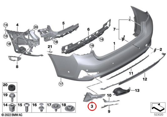 Stampo posteriore destro OEM 51127463622 per BMW G20, G28. BMW originale.