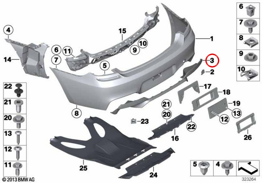 Moldura parachoques trasero OEM 51128050377 para BMW F06, F12, F13. Original BMW.